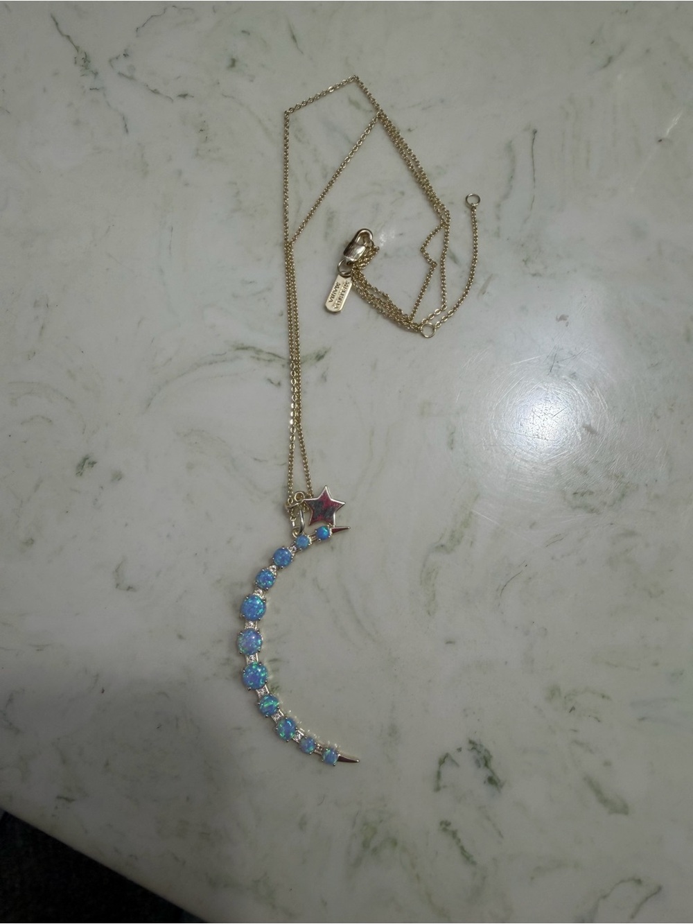 Melinda Maria Gold Crescent Necklace with Blue Opal Stones and Pink Star